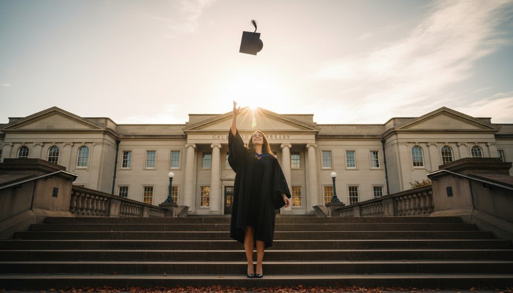 An epic moment of a smiling graduate in their cap and gown, framed by autumn leaves near Caulfield Racecourse, celebrating their Caulfield North Graduation Photography Capturing Joy, with dramatic lens flare.