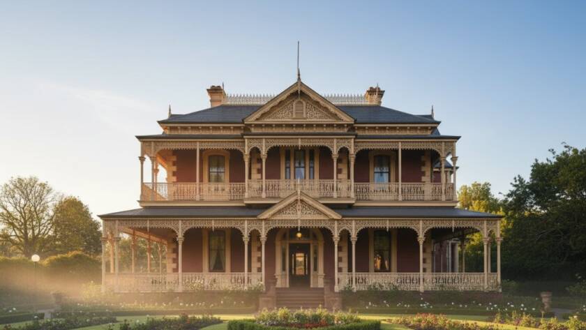 An epic moment shot capturing the grandeur of a meticulously restored Victorian-era mansion in Caulfield North, bathed in the golden light of dawn, emphasizing intricate facade details and elegant balconies, perfect for Caulfield North heritage architecture photography.