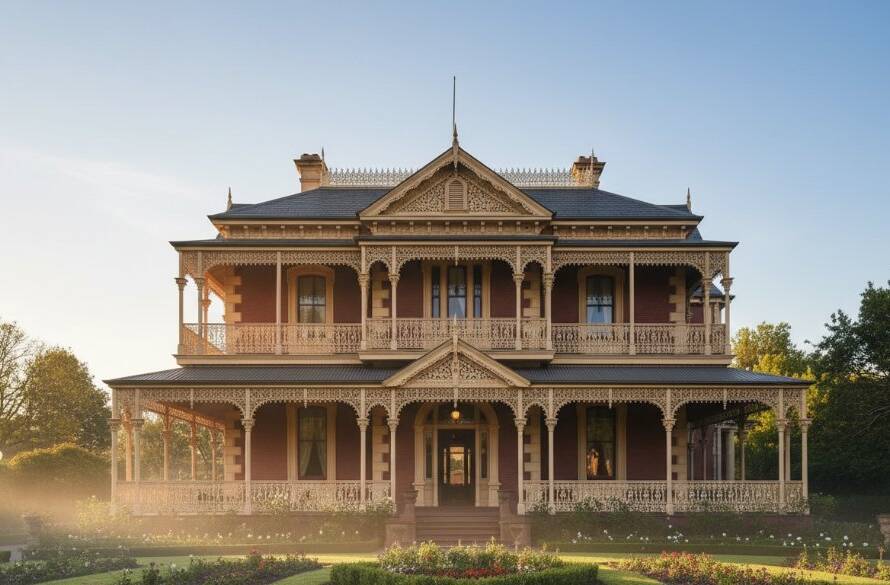 An epic moment shot capturing the grandeur of a meticulously restored Victorian-era mansion in Caulfield North, bathed in the golden light of dawn, emphasizing intricate facade details and elegant balconies, perfect for Caulfield North heritage architecture photography.
