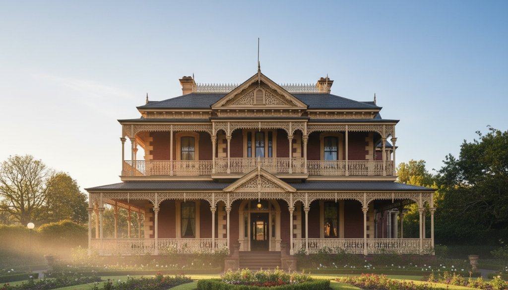An epic moment shot capturing the grandeur of a meticulously restored Victorian-era mansion in Caulfield North, bathed in the golden light of dawn, emphasizing intricate facade details and elegant balconies, perfect for Caulfield North heritage architecture photography.