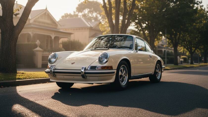 Dramatic shot of a gleaming vintage Aston Martin driving away from sunset at a leafy Caulfield North street, showcasing bespoke luxury car photography, with golden hour light reflecting off its polished chrome.
