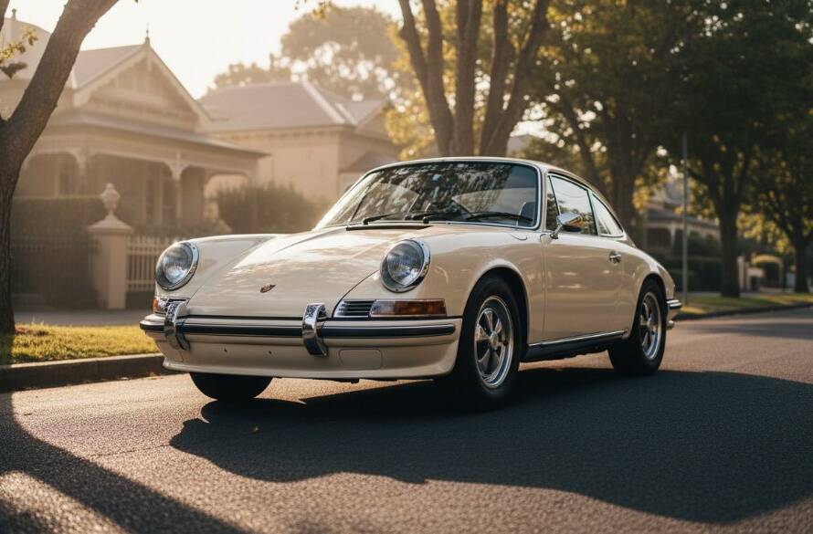 Dramatic shot of a gleaming vintage Aston Martin driving away from sunset at a leafy Caulfield North street, showcasing bespoke luxury car photography, with golden hour light reflecting off its polished chrome.