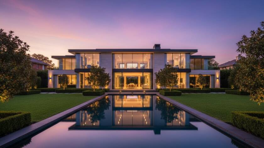 A wide, epic moment photograph showcasing a modern Caulfield North luxury property at dusk, with an illuminated interior warmly glowing, highlighting expansive glass walls and a manicured garden with a shimmering pool, capturing the essence of high-end real estate through professional Caulfield North luxury property photography.
