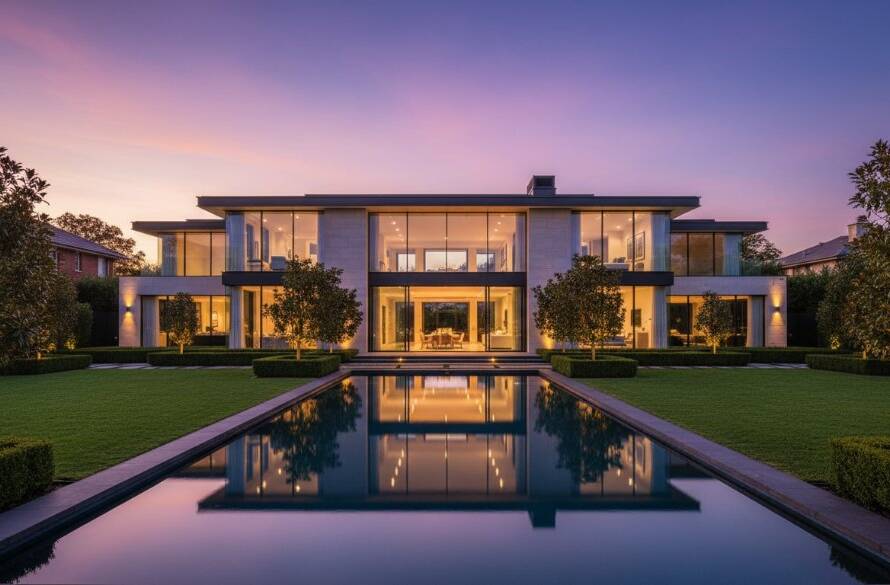 A wide, epic moment photograph showcasing a modern Caulfield North luxury property at dusk, with an illuminated interior warmly glowing, highlighting expansive glass walls and a manicured garden with a shimmering pool, capturing the essence of high-end real estate through professional Caulfield North luxury property photography.