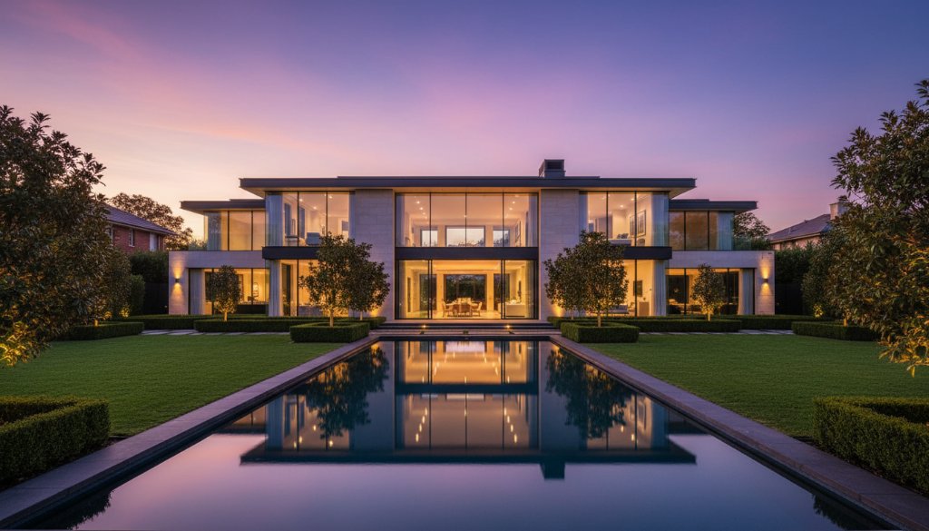 A wide, epic moment photograph showcasing a modern Caulfield North luxury property at dusk, with an illuminated interior warmly glowing, highlighting expansive glass walls and a manicured garden with a shimmering pool, capturing the essence of high-end real estate through professional Caulfield North luxury property photography.