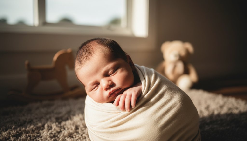 An artistic close-up capturing a serene baby sleeping peacefully amidst soft, natural light in a stylish Caulfield North home, embodying the beauty of Caulfield North newborn photography creative portraits.