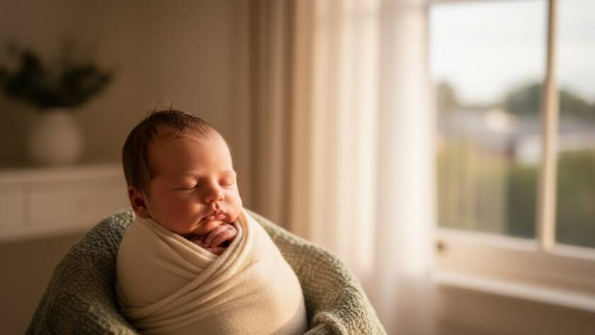 An ethereal portrait showcasing a peaceful newborn baby, wrapped in soft textures, bathed in golden light through a large window, creating a serene and timeless atmosphere. This image perfectly encapsulates the gentle artistry of a Caulfield North personalised newborn photography experience, capturing the infant's delicate features in a moment of pure tranquility.