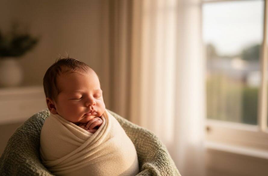 An ethereal portrait showcasing a peaceful newborn baby, wrapped in soft textures, bathed in golden light through a large window, creating a serene and timeless atmosphere. This image perfectly encapsulates the gentle artistry of a Caulfield North personalised newborn photography experience, capturing the infant's delicate features in a moment of pure tranquility.