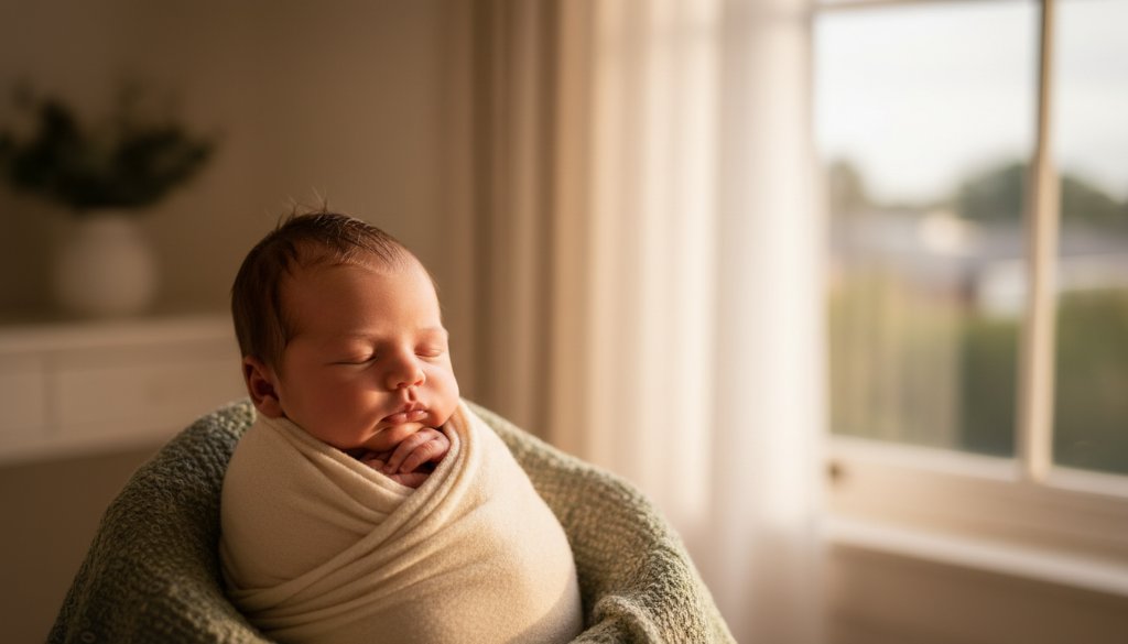 An ethereal portrait showcasing a peaceful newborn baby, wrapped in soft textures, bathed in golden light through a large window, creating a serene and timeless atmosphere. This image perfectly encapsulates the gentle artistry of a Caulfield North personalised newborn photography experience, capturing the infant's delicate features in a moment of pure tranquility.