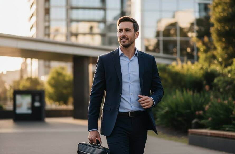 Dynamic and compelling Caulfield North Professional Headshots for Modern Professionals, featuring a confident business person captured mid-stride against a modern architectural backdrop in Caulfield North with dramatic, soft natural light creating a cinematic glow.