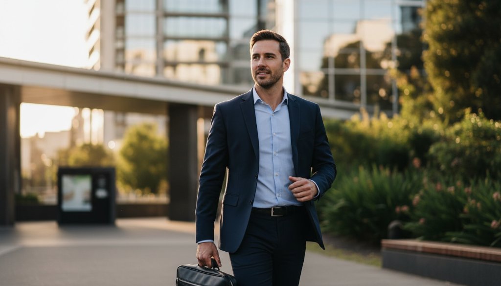 Dynamic and compelling Caulfield North Professional Headshots for Modern Professionals, featuring a confident business person captured mid-stride against a modern architectural backdrop in Caulfield North with dramatic, soft natural light creating a cinematic glow.