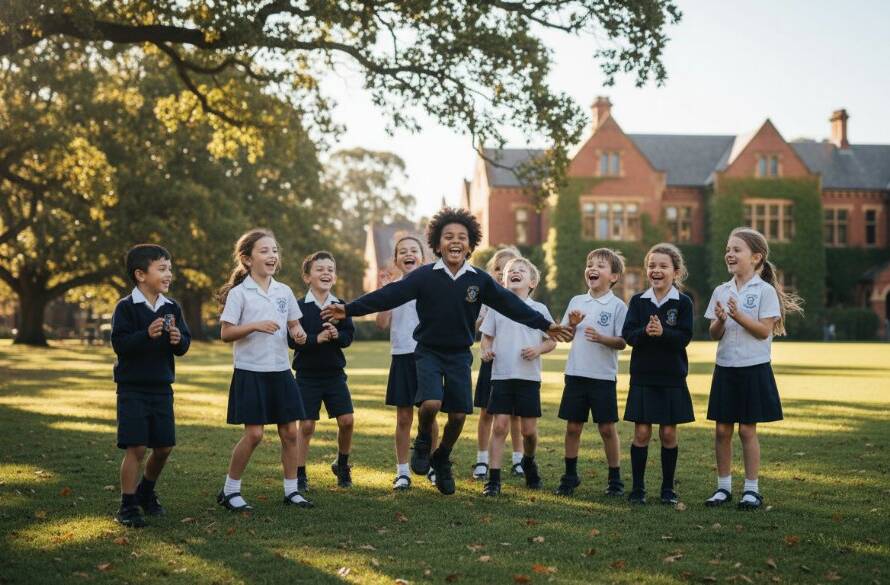 A vibrant, emotionally charged photograph capturing genuine student joy during Caulfield North school photography, showing children laughing brightly on a sunny school oval, surrounded by autumnal trees and historical school buildings, with dramatic natural light highlighting their expressions.