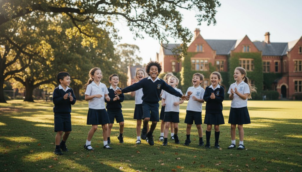 A vibrant, emotionally charged photograph capturing genuine student joy during Caulfield North school photography, showing children laughing brightly on a sunny school oval, surrounded by autumnal trees and historical school buildings, with dramatic natural light highlighting their expressions.