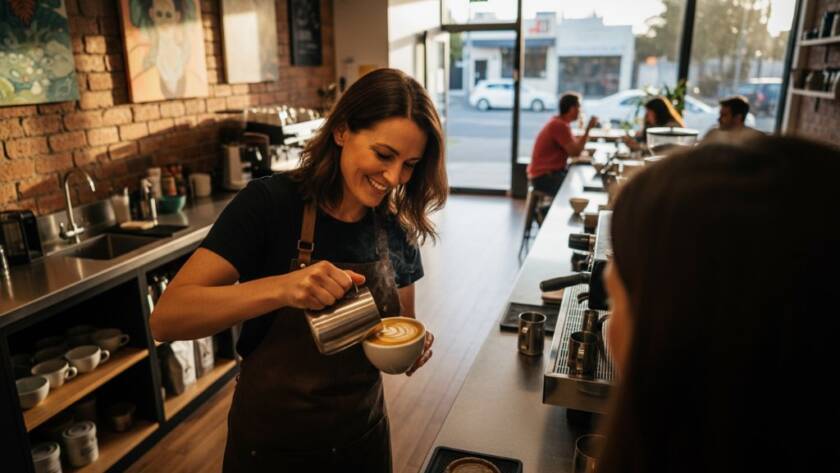 Dramatic, cinematic photograph capturing a vibrant cafe owner proudly showcasing fresh pastries in their modern Caulfield North establishment, bathed in warm, inviting light. This Caulfield North small business branding photography highlights community spirit and artisanal quality.