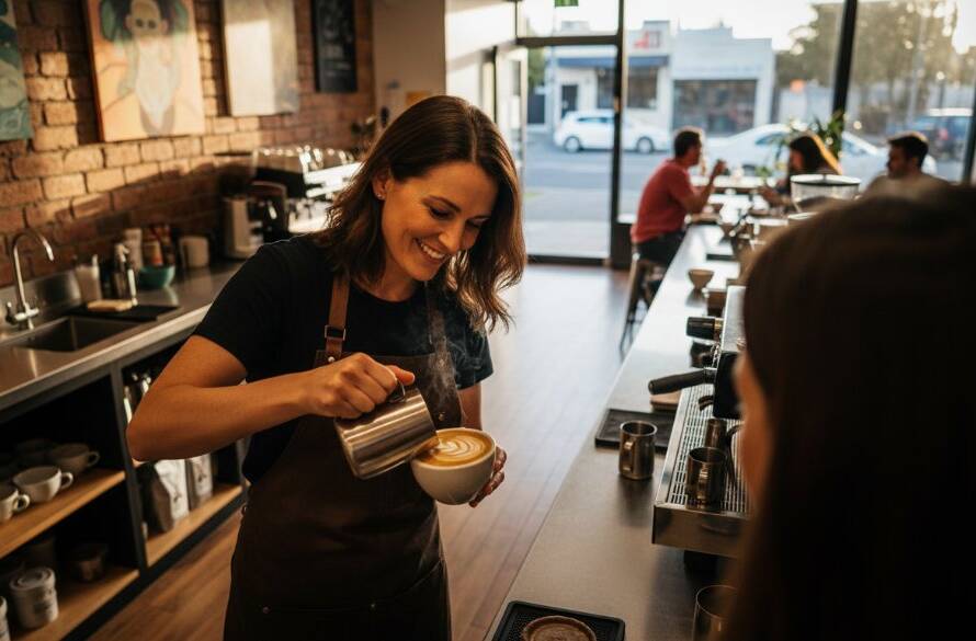 Dramatic, cinematic photograph capturing a vibrant cafe owner proudly showcasing fresh pastries in their modern Caulfield North establishment, bathed in warm, inviting light. This Caulfield North small business branding photography highlights community spirit and artisanal quality.