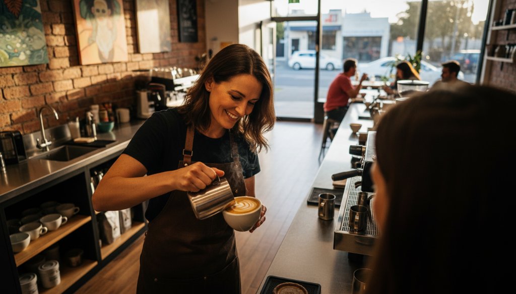 Dramatic, cinematic photograph capturing a vibrant cafe owner proudly showcasing fresh pastries in their modern Caulfield North establishment, bathed in warm, inviting light. This Caulfield North small business branding photography highlights community spirit and artisanal quality.
