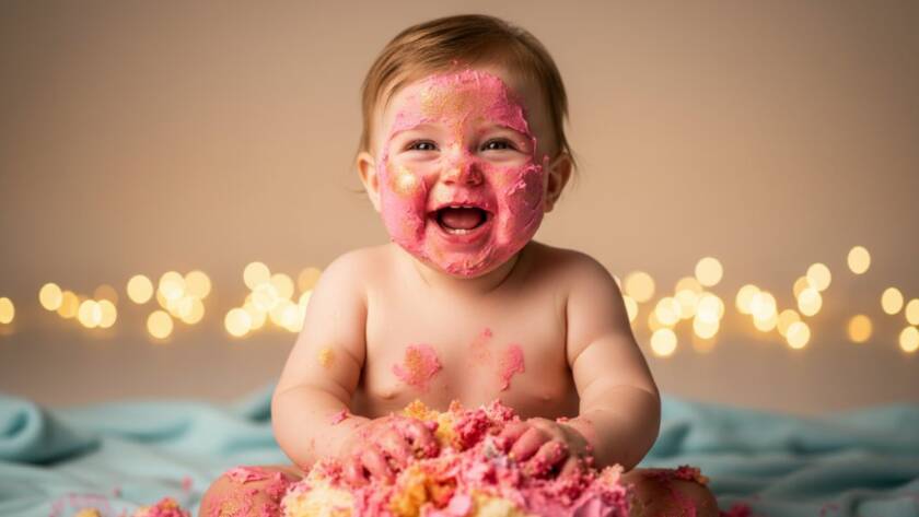 An adorable baby, covered in colourful cake, laughing joyously during a Caulfield Victoria first birthday cake smash photoshoot, captured with dramatic lighting and professional colour grading, showing pure, unadulterated happiness.