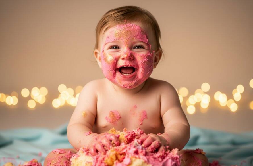 An adorable baby, covered in colourful cake, laughing joyously during a Caulfield Victoria first birthday cake smash photoshoot, captured with dramatic lighting and professional colour grading, showing pure, unadulterated happiness.