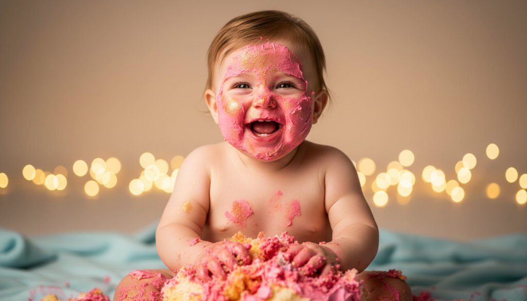 An adorable baby, covered in colourful cake, laughing joyously during a Caulfield Victoria first birthday cake smash photoshoot, captured with dramatic lighting and professional colour grading, showing pure, unadulterated happiness.