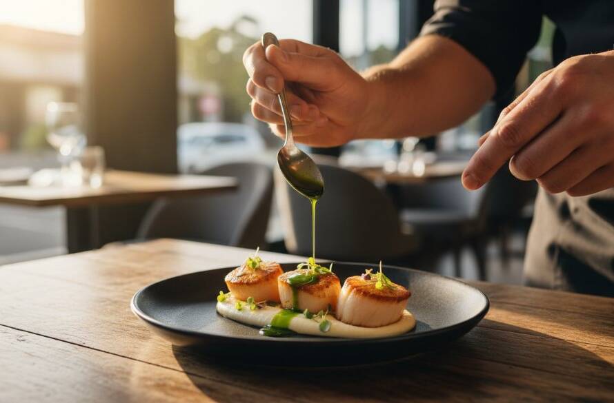 Dynamic shot of a barista pouring latte art into a coffee cup at a bustling Caulfield North artisan cafe, highlighting the exquisite Caulfield North Victoria food photography for artisan cafes with rich colours and warm, inviting light.
