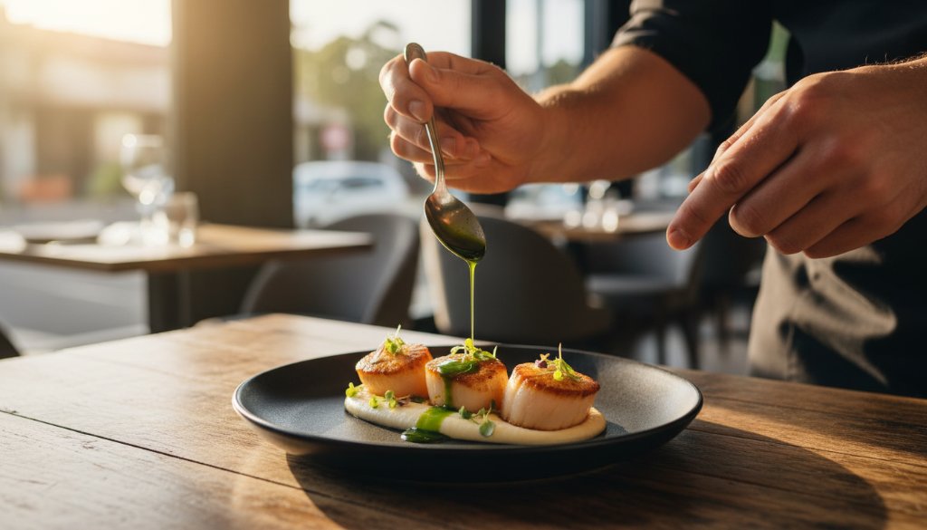 Dynamic shot of a barista pouring latte art into a coffee cup at a bustling Caulfield North artisan cafe, highlighting the exquisite Caulfield North Victoria food photography for artisan cafes with rich colours and warm, inviting light.