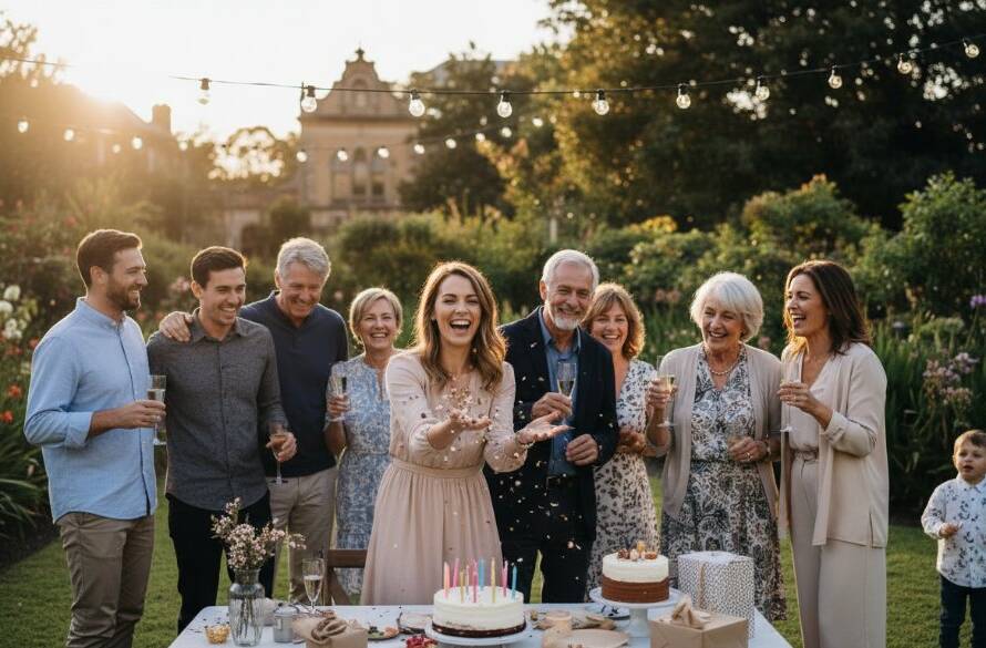 An epic moment of genuine joy at a lively birthday party in Caulfield, Victoria, featuring guests laughing and dancing under twinkling lights, expertly captured by Caulfield party photography capturing genuine joy.