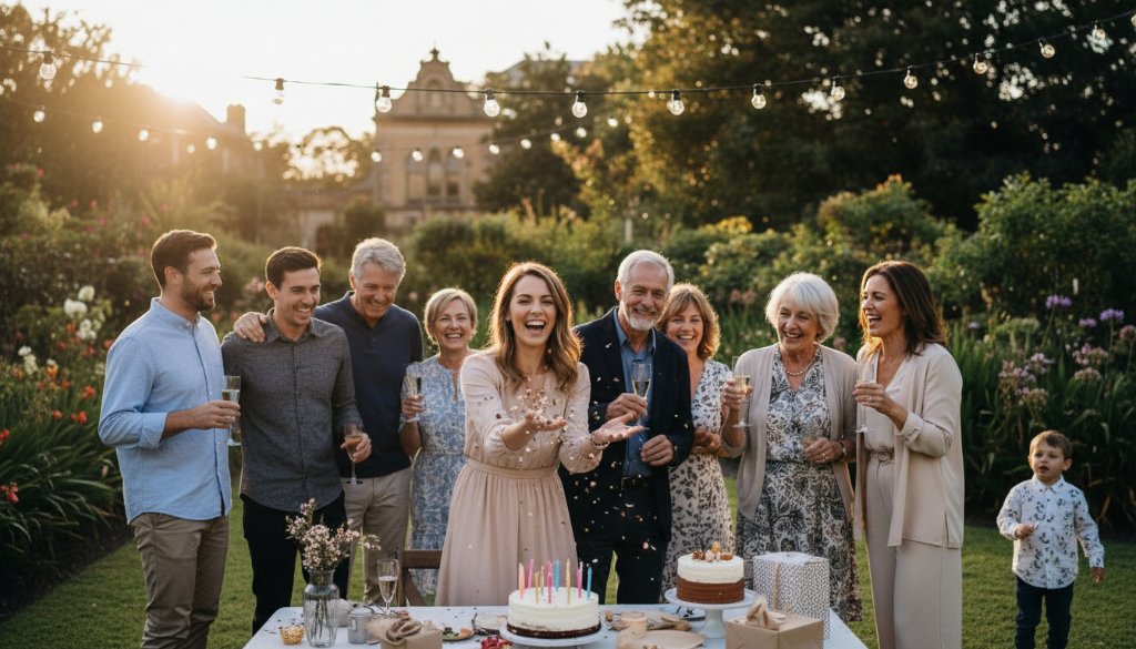An epic moment of genuine joy at a lively birthday party in Caulfield, Victoria, featuring guests laughing and dancing under twinkling lights, expertly captured by Caulfield party photography capturing genuine joy.