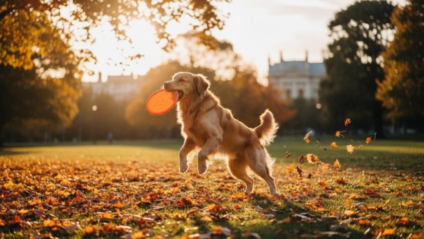 An epic moment of a golden retriever joyfully leaping through autumn leaves in Caulfield Park, sunlight dappling its fur, perfectly captured by Caulfield professional pet photography for cherished companions, showcasing dynamic movement and emotional connection.