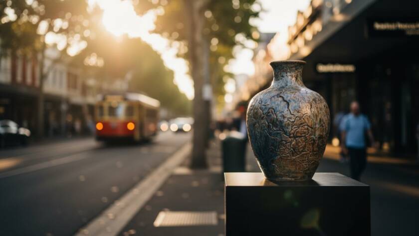 Dramatic wide-angle shot of a beautifully styled, artisanal product (e.g., a ceramic vase or gourmet food item) bathed in golden hour light on a modern display pedestal, with the blurred, vibrant streetscape of Caulfield, Victoria in the background, symbolising Caulfield professional product photography for local e-commerce.