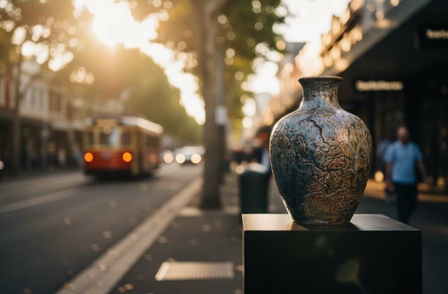 Dramatic wide-angle shot of a beautifully styled, artisanal product (e.g., a ceramic vase or gourmet food item) bathed in golden hour light on a modern display pedestal, with the blurred, vibrant streetscape of Caulfield, Victoria in the background, symbolising Caulfield professional product photography for local e-commerce.