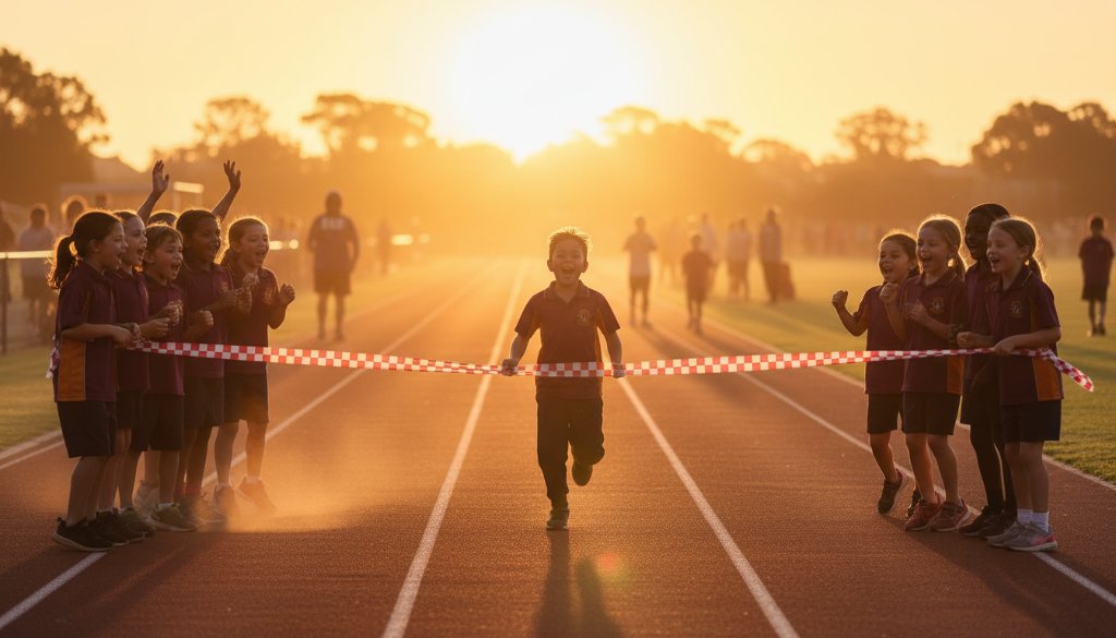 Dynamic, sun-drenched wide shot of students bursting with energy during a sports day at a Caulfield school, featuring a triumphant runner crossing the finish line, embodying Caulfield school photography capturing genuine student joy.
