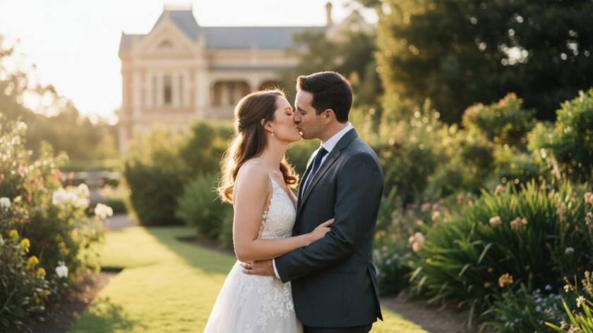 A beautifully composed outdoor shot capturing genuine Caulfield South authentic wedding photography moments, featuring a newlywed couple sharing a joyous, candid embrace amidst lush garden foliage with golden hour lighting, professional colour grading.