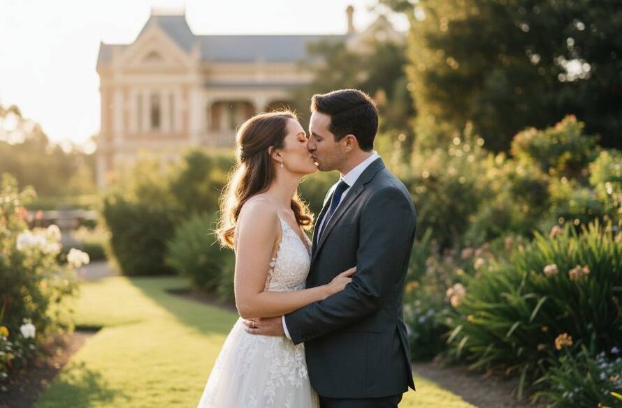 A beautifully composed outdoor shot capturing genuine Caulfield South authentic wedding photography moments, featuring a newlywed couple sharing a joyous, candid embrace amidst lush garden foliage with golden hour lighting, professional colour grading.