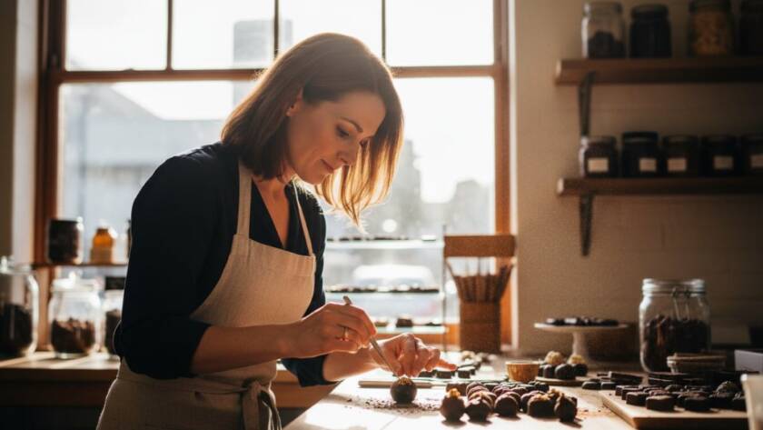 Dynamic shot showcasing a passionate artisan chocolatier in Caulfield South meticulously decorating a gourmet truffle with edible gold, captured with dramatic, warm backlighting to convey the essence of a successful local business and its commitment to quality. This image exemplifies compelling Caulfield South brand storytelling advertising photography for local businesses.