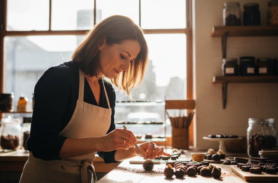 Dynamic shot showcasing a passionate artisan chocolatier in Caulfield South meticulously decorating a gourmet truffle with edible gold, captured with dramatic, warm backlighting to convey the essence of a successful local business and its commitment to quality. This image exemplifies compelling Caulfield South brand storytelling advertising photography for local businesses.