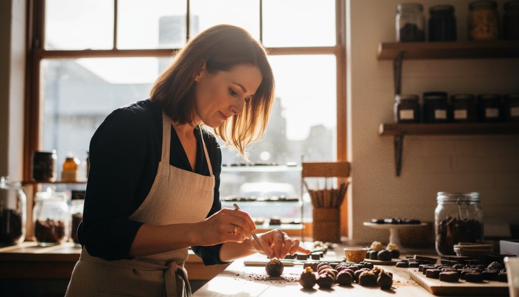 Dynamic shot showcasing a passionate artisan chocolatier in Caulfield South meticulously decorating a gourmet truffle with edible gold, captured with dramatic, warm backlighting to convey the essence of a successful local business and its commitment to quality. This image exemplifies compelling Caulfield South brand storytelling advertising photography for local businesses.