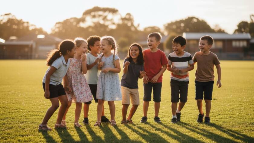 A vibrant, professionally colour-graded photograph capturing an epic moment of joy and connection during Caulfield South candid school portraits Victoria, showing a group of diverse primary school children laughing naturally together on the school oval under warm afternoon light, exemplifying authentic school memories.