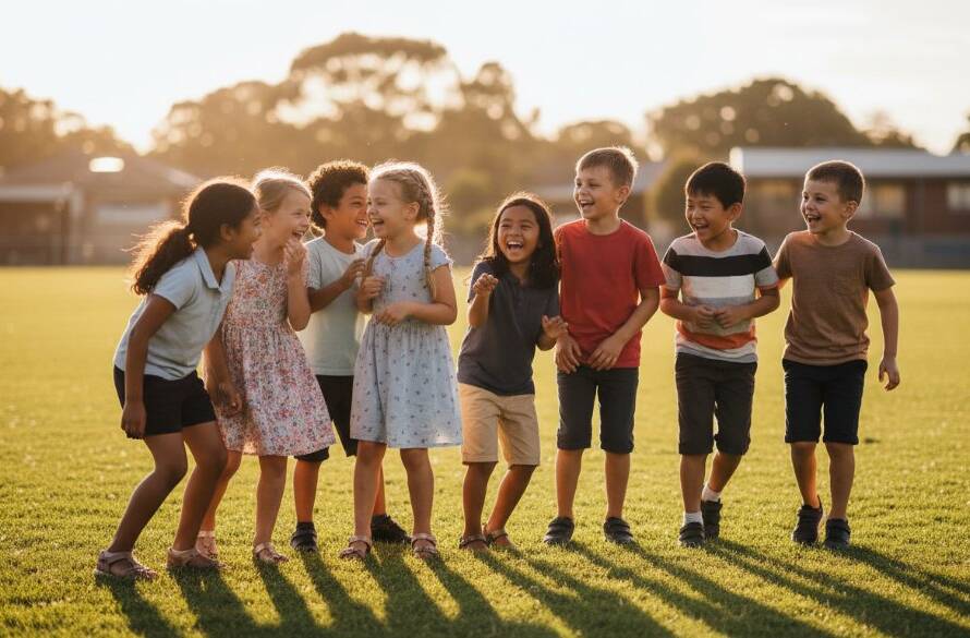A vibrant, professionally colour-graded photograph capturing an epic moment of joy and connection during Caulfield South candid school portraits Victoria, showing a group of diverse primary school children laughing naturally together on the school oval under warm afternoon light, exemplifying authentic school memories.