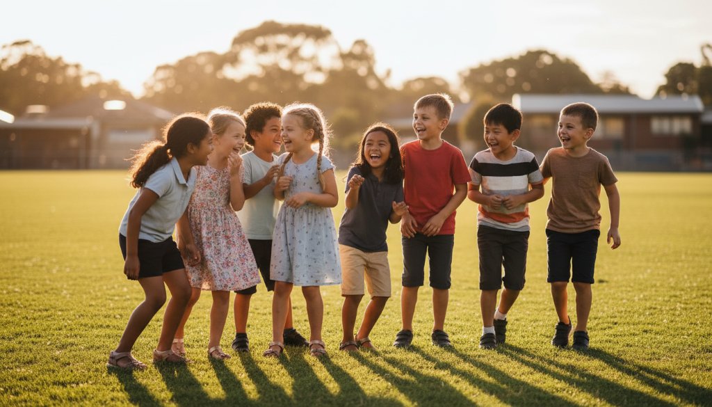 A vibrant, professionally colour-graded photograph capturing an epic moment of joy and connection during Caulfield South candid school portraits Victoria, showing a group of diverse primary school children laughing naturally together on the school oval under warm afternoon light, exemplifying authentic school memories.