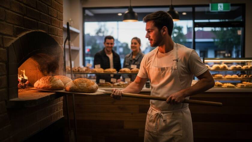 Dynamic wide shot of a bustling Caulfield South café, showcasing a professional barista expertly crafting coffee, with soft natural light streaming in, captured by a Caulfield South commercial photography for local businesses expert, highlighting the vibrant atmosphere and attention to detail.