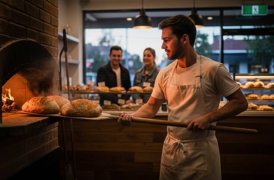Dynamic wide shot of a bustling Caulfield South café, showcasing a professional barista expertly crafting coffee, with soft natural light streaming in, captured by a Caulfield South commercial photography for local businesses expert, highlighting the vibrant atmosphere and attention to detail.
