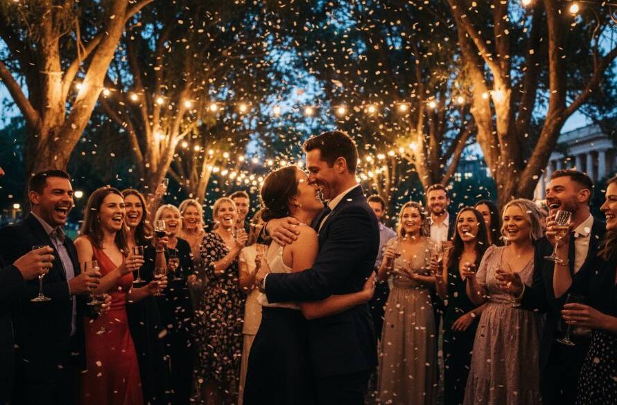 A stunning, color-graded professional photograph capturing a joyous, candid moment during a family celebration in Caulfield South, showcasing heartfelt event photography for memorable moments, with guests laughing under warm string lights at dusk.