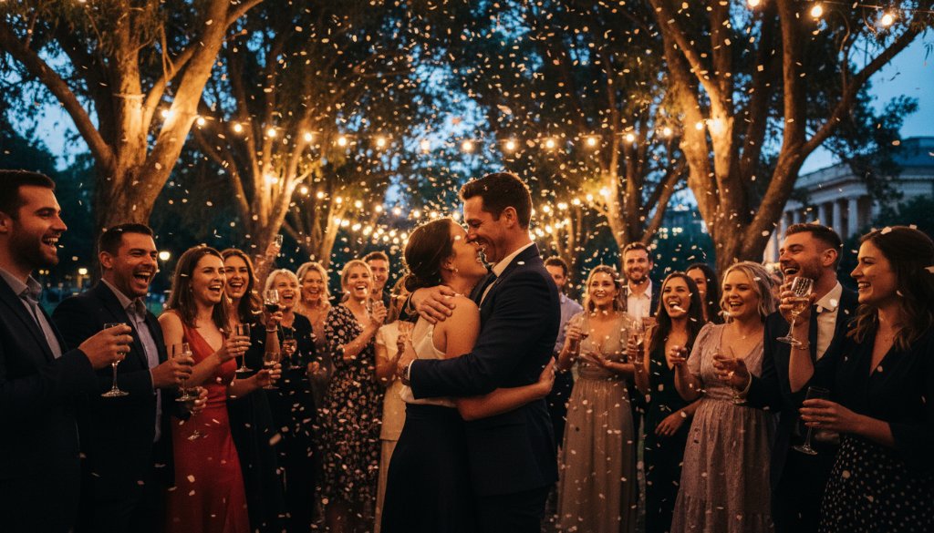 A stunning, color-graded professional photograph capturing a joyous, candid moment during a family celebration in Caulfield South, showcasing heartfelt event photography for memorable moments, with guests laughing under warm string lights at dusk.