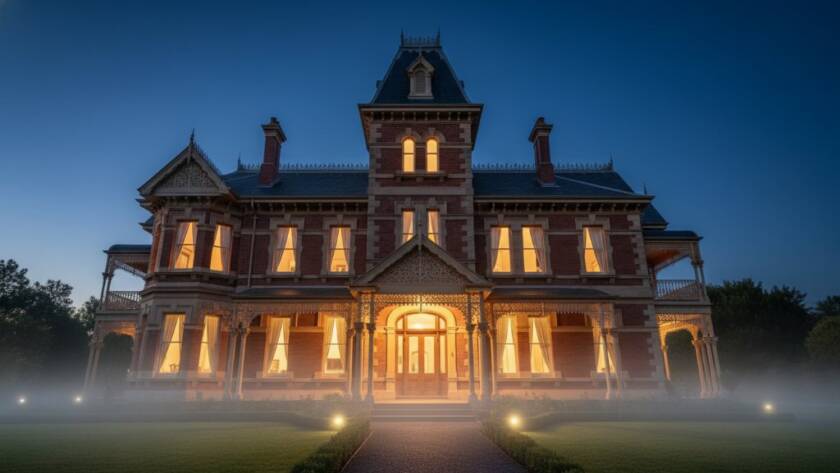 A dramatic, low-angle shot of a meticulously restored Victorian-era home in Caulfield South, showcasing intricate lacework and a grand façade at golden hour, capturing the essence of Caulfield South heritage architecture photography with professional lighting and colour grading.