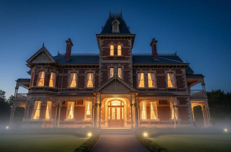A dramatic, low-angle shot of a meticulously restored Victorian-era home in Caulfield South, showcasing intricate lacework and a grand façade at golden hour, capturing the essence of Caulfield South heritage architecture photography with professional lighting and colour grading.