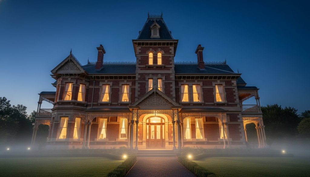 A dramatic, low-angle shot of a meticulously restored Victorian-era home in Caulfield South, showcasing intricate lacework and a grand façade at golden hour, capturing the essence of Caulfield South heritage architecture photography with professional lighting and colour grading.