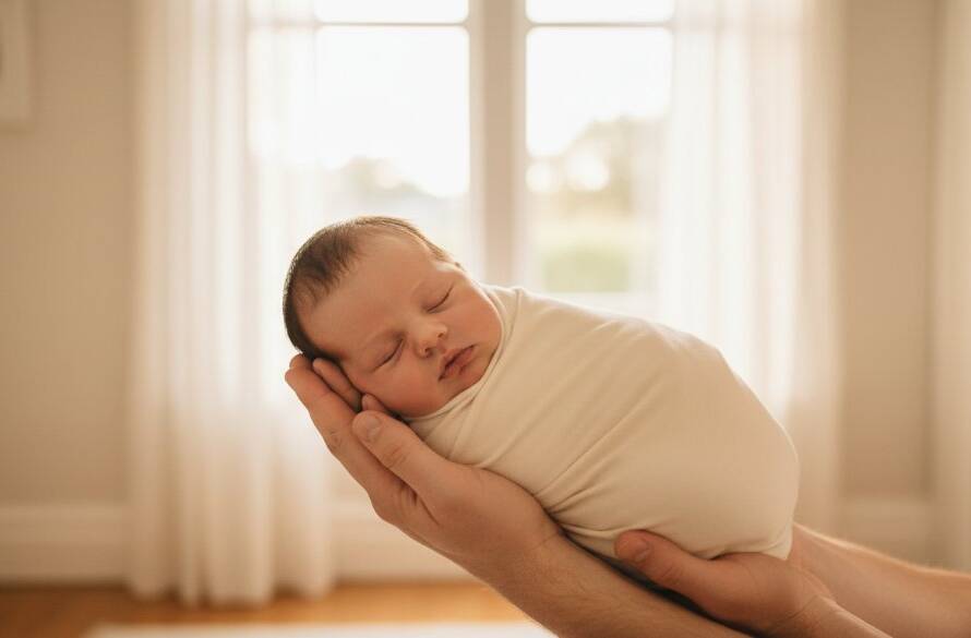 An artistic close-up captured by a Caulfield South newborn photographer heartwarming moments, showing a tiny baby's hand gently grasping a parent's finger, bathed in soft, warm morning light within a beautifully styled Caulfield South home setting, conveying love and new beginnings.
