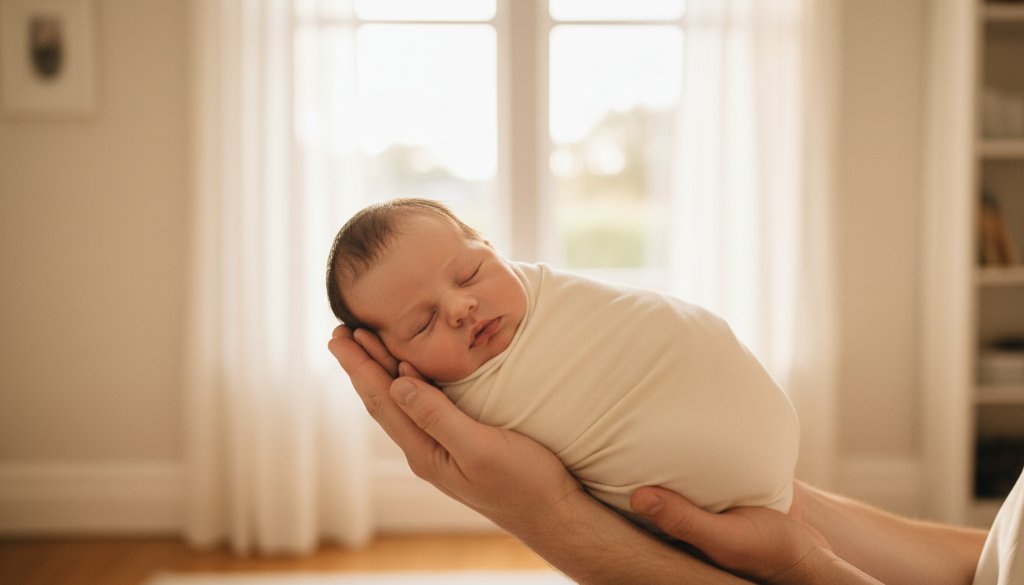 An artistic close-up captured by a Caulfield South newborn photographer heartwarming moments, showing a tiny baby's hand gently grasping a parent's finger, bathed in soft, warm morning light within a beautifully styled Caulfield South home setting, conveying love and new beginnings.