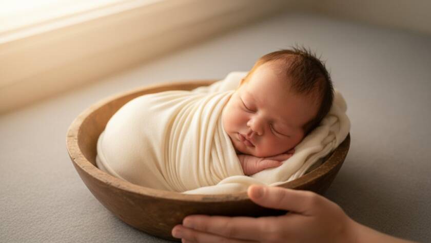 A serene and emotionally resonant 'Caulfield South newborn photography delicate moments' shot featuring a sleeping newborn wrapped in soft fabric, bathed in warm, ethereal light coming through a window, parents' hands gently cradling, evoking tender family love.