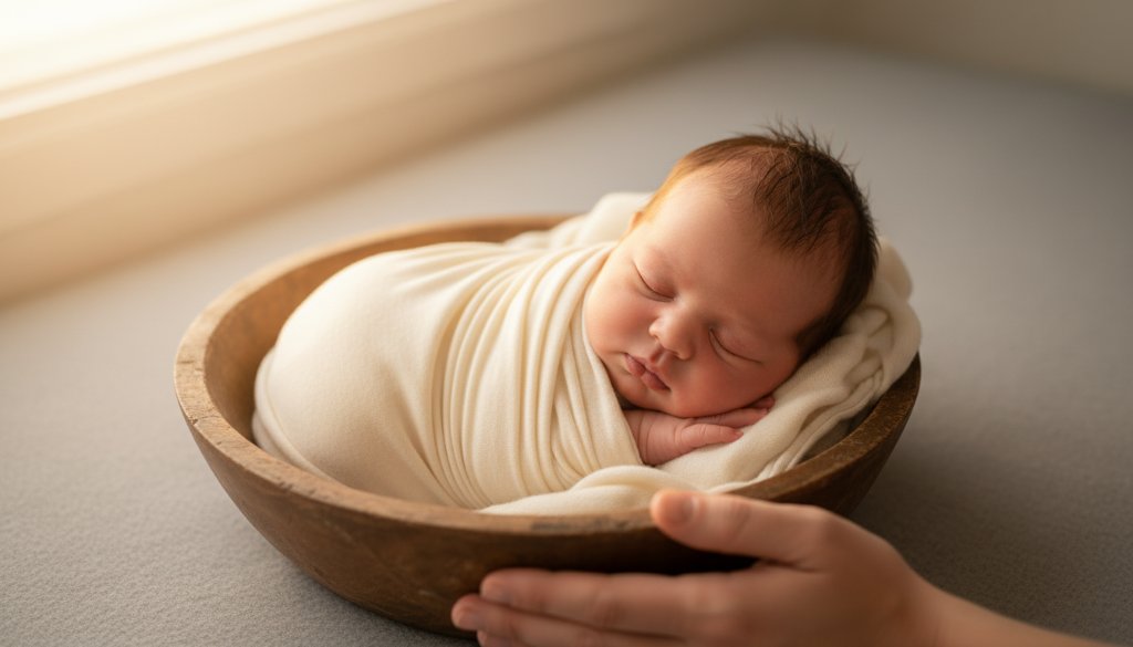 A serene and emotionally resonant 'Caulfield South newborn photography delicate moments' shot featuring a sleeping newborn wrapped in soft fabric, bathed in warm, ethereal light coming through a window, parents' hands gently cradling, evoking tender family love.